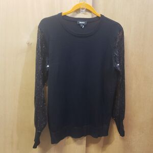 DKNY black sweater with sheer sequined sleeves Sz M III EXCELLENT CONDITION!